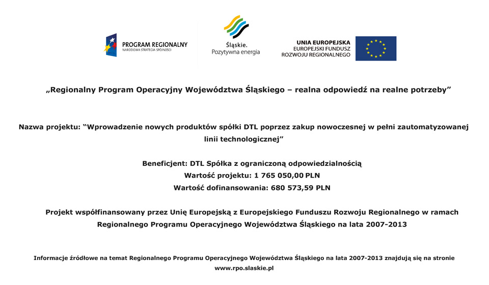Tablica informacyjna projektu UE nr 5, RPO Województwa Śląskiego, wprowadzenie nowych produktów spółki DTL